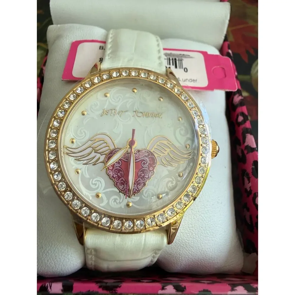 Betsey Johnson Winged Heart Women’s Wrist Watch Pearl tone  Sparkle Trim NIB